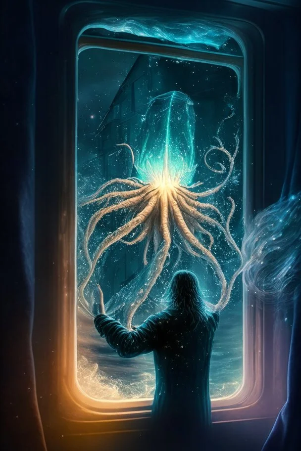 cthulu cutting window off patient , with background burning jellyfish angel star field seen in the window of a boat, 4 k, trending art, depth of field