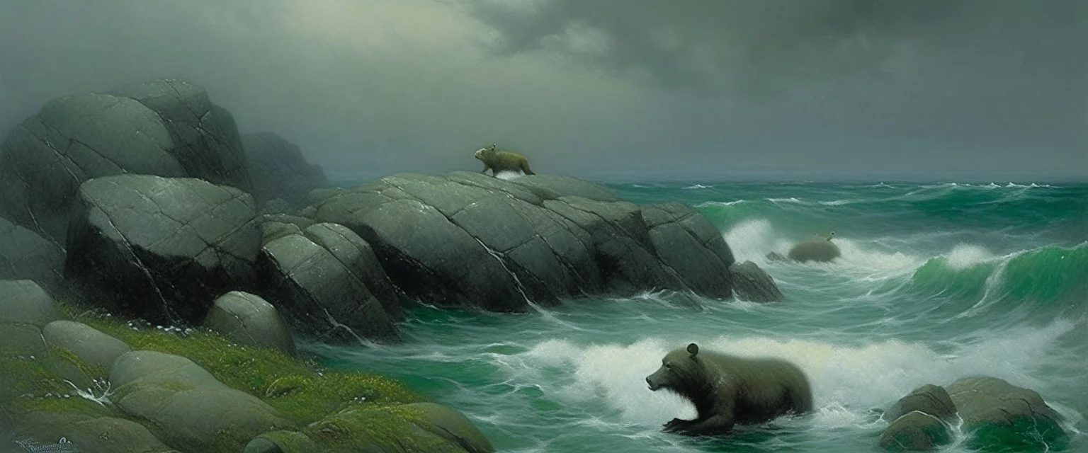 A dark grayish green savage sea near a tundra designed in Ica stones painted by Birge Harrison