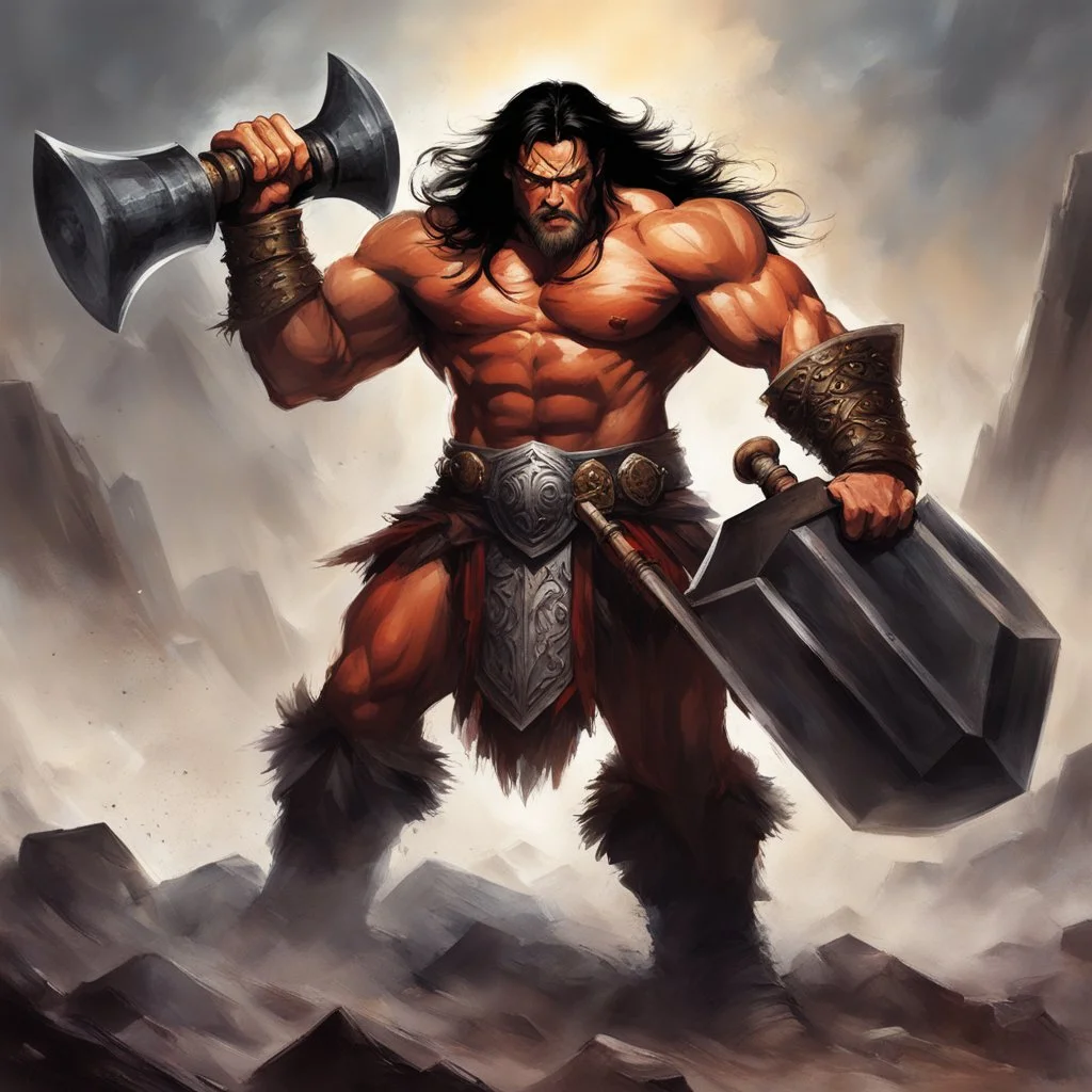 Conan, mighty and fierce, grips his gigantic hammer, His hands firmly locked, ready to unleash its power. Strength and determination emanate from his stance, A force to be reckoned with, ready for the battle's dance.battles, and with his warhammer held ready, he is prepared to unleash his wrath upon any who dare to challenge him.