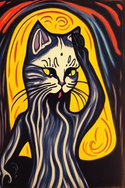 Cat holding her head with her hand like the scream Edvard Munch. Painting style of Edvard Munch