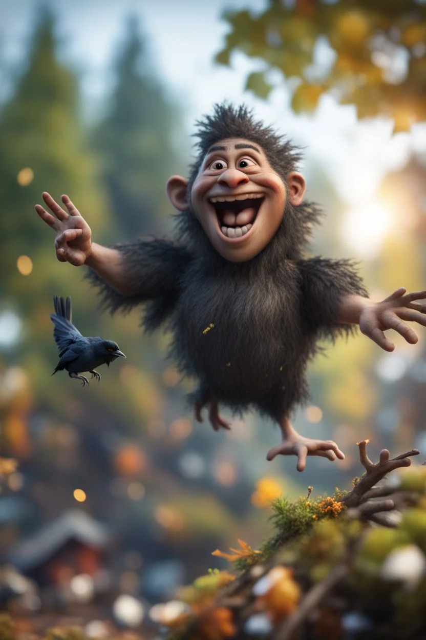 twig troll gremling holding crow dropping garbage from tree tops laughing,bokeh like f/0.8, tilt-shift lens 8k, high detail, smooth render, down-light, unreal engine, prize winning