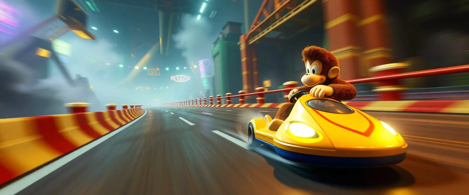 nico belic in donkey kong bowling stage racing, motion blur, weird creatures, mini racing kart, fences and hills, pits and pendulums, and cranes and squids, fog, smoke, oil slick, spies, gta 4 world