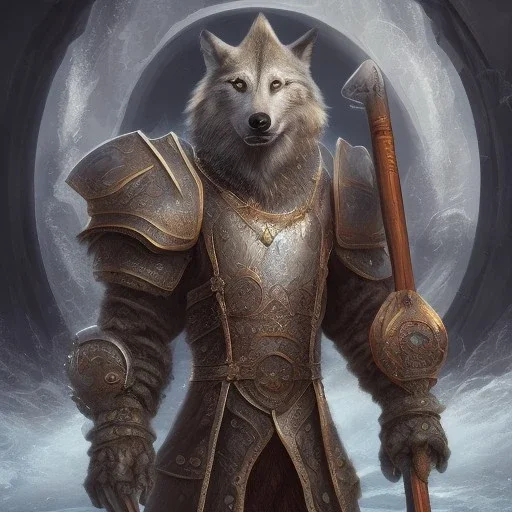 fantasy art, book cover, upper body of big shiny wizard with an axe in hand, in front of the ebony stairs of a bridge or dam ,icy water, on the bridge is a wolf, there is also a hawk sitting on his shoulder