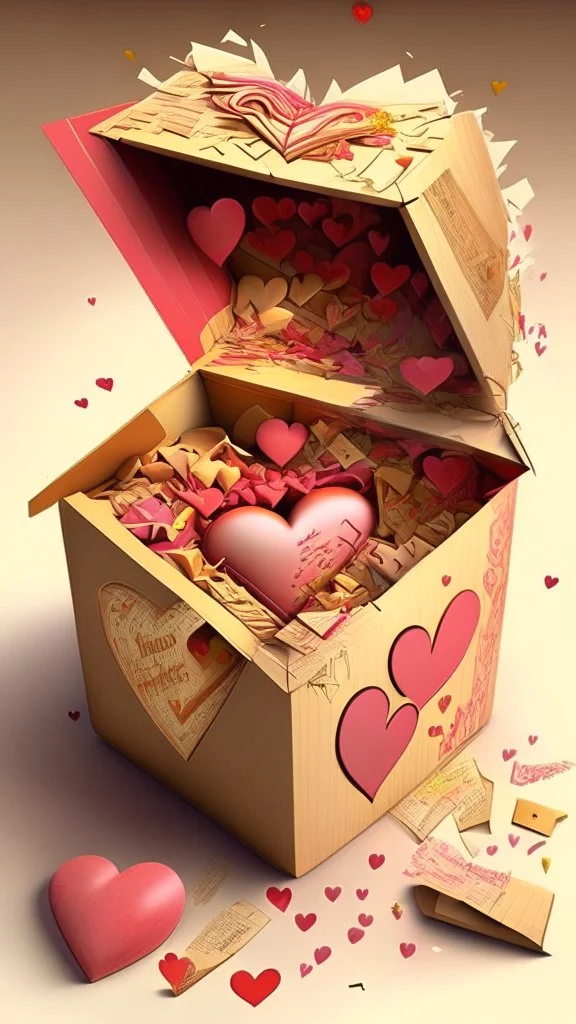 Open box stuffed with love letters, hearts, love explosion, art, drawing, very realistic, detailed, vibrant colors.