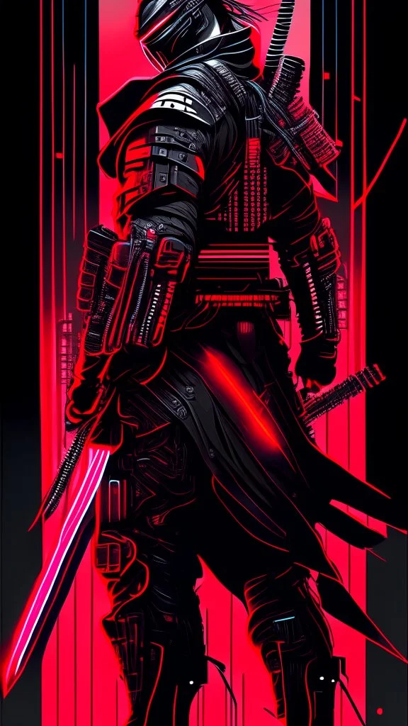 dibujo de contorno de un Samurái negro y rojo con traje cyberpunk full body