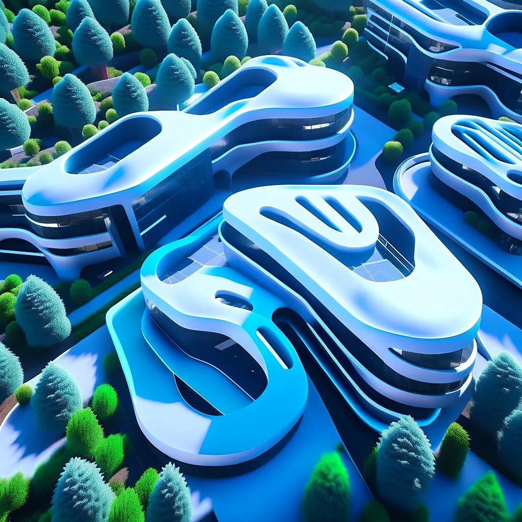 Cabin complex, Zaha Hadid style, aerial view, ultra quality, hyper-detailed, digital art, 8k 3D, trees, parking lots