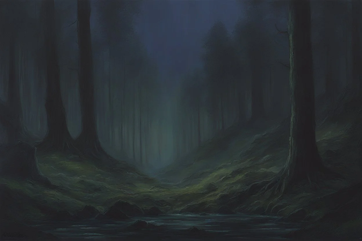 night, forest, cliff, 2000's gothic horror movies influence, friedrich eckenfelder and jenny montigny impressionism paintings