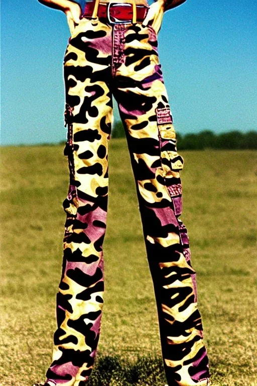 year 1997 denim fashion, "combat pants", cargo, Loose fit, low waist, baggy. Colors: denim blue, blue, purple, khaki, light green, lilac, plum, orange, terracotta, red, pink, dark blue, beige. Patterns: cheetah, balls, stripes. cheetah belt. Something between camouflage and cheetah prints. Women models. Sharon Stone, Sandra Bullock, Winona Ryder, Milla Jovovich, Big tennis shoes on. Latex in small part, areas, clothes..Combat pants. Leg warmers.