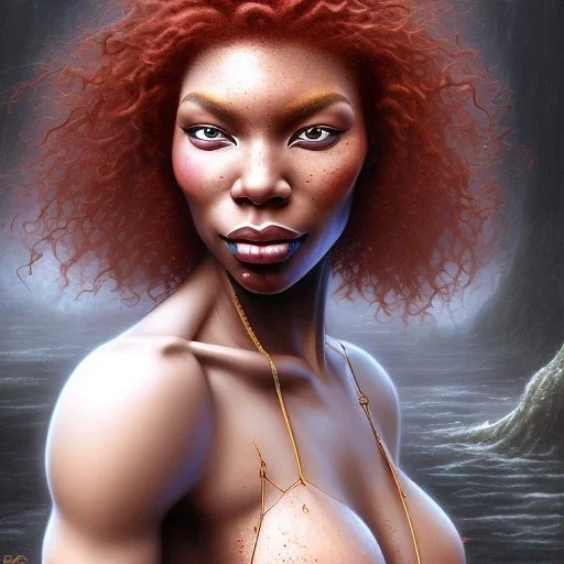 michaela coel ginger, freckles, red hair, bodybuilder by gerald brom luis royo