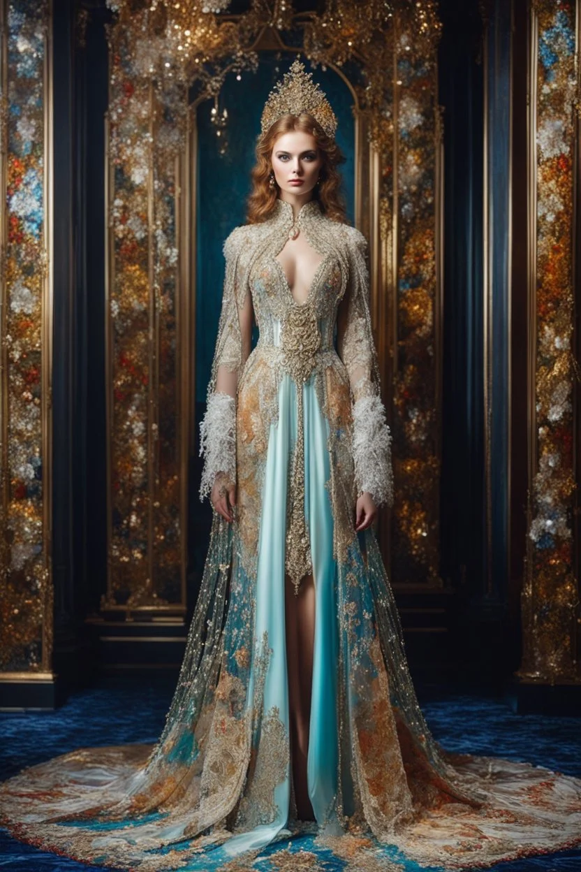 Gorgeous photography full body Beautiful super model Russian dressing Luxury gown Victorian colorful art conceptual, amazing artwork,close-up portrait,crystal ornaments background