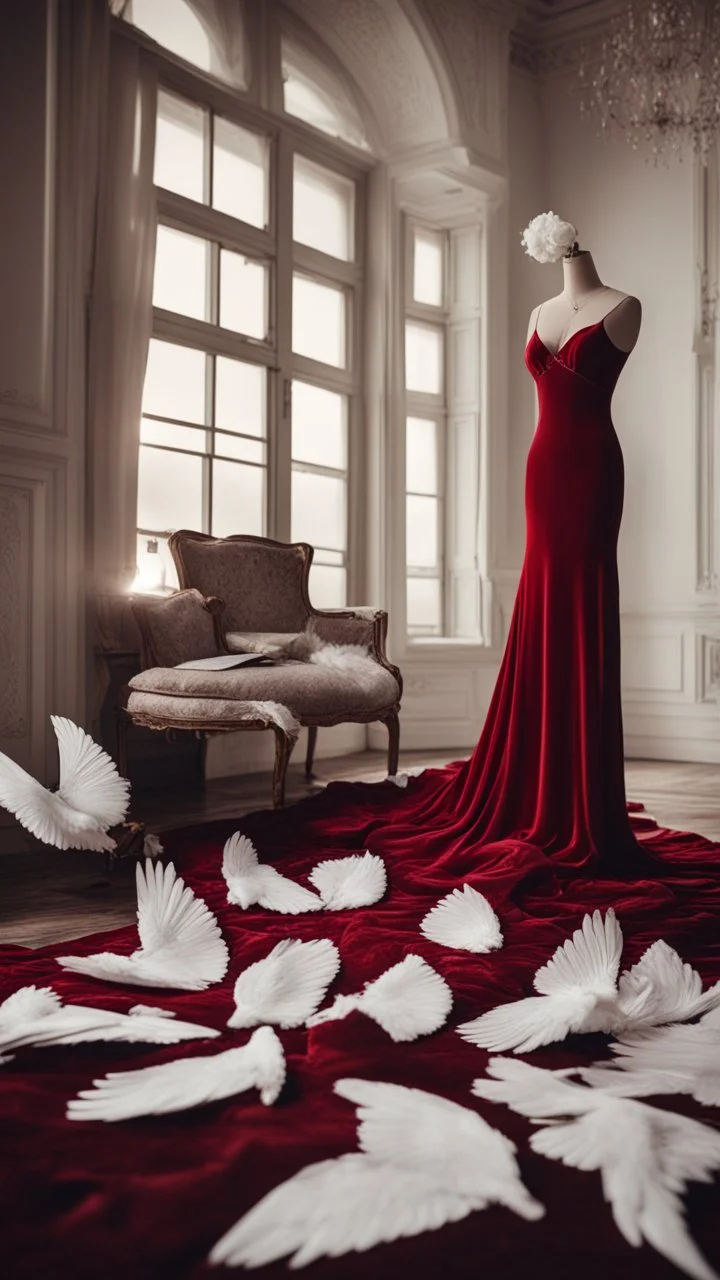 White wings, scissors, red dress on a luxurious velvet floor. Cinematic photo