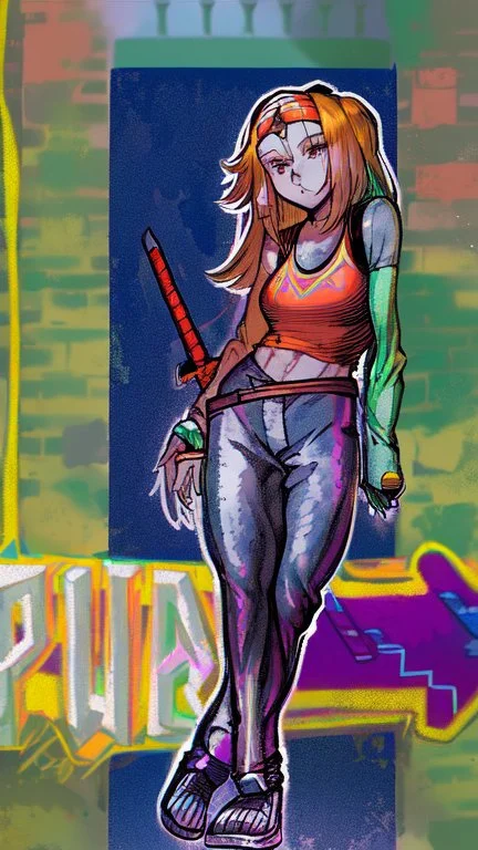 teen woman in retro-futurist cyberpunk costuming with pants and sheathed swords leaning to the side with shoulder against a brick pillar, add a background of brick with graffiti of a large arrow pointing to the right and text of the word "PUB" on lower left