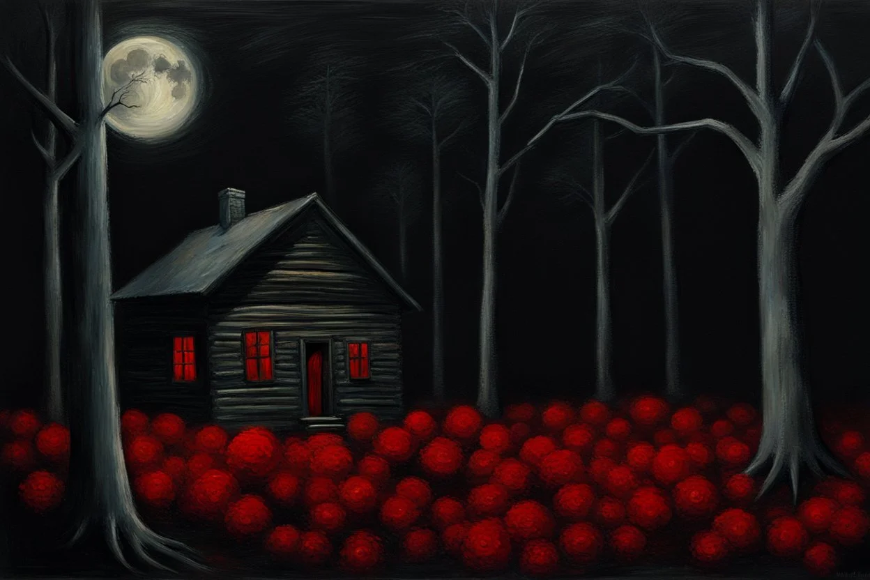 Creepy trees, creepy night, moon, cabin, red flowers, horror, philip wilson steer impresionism painting