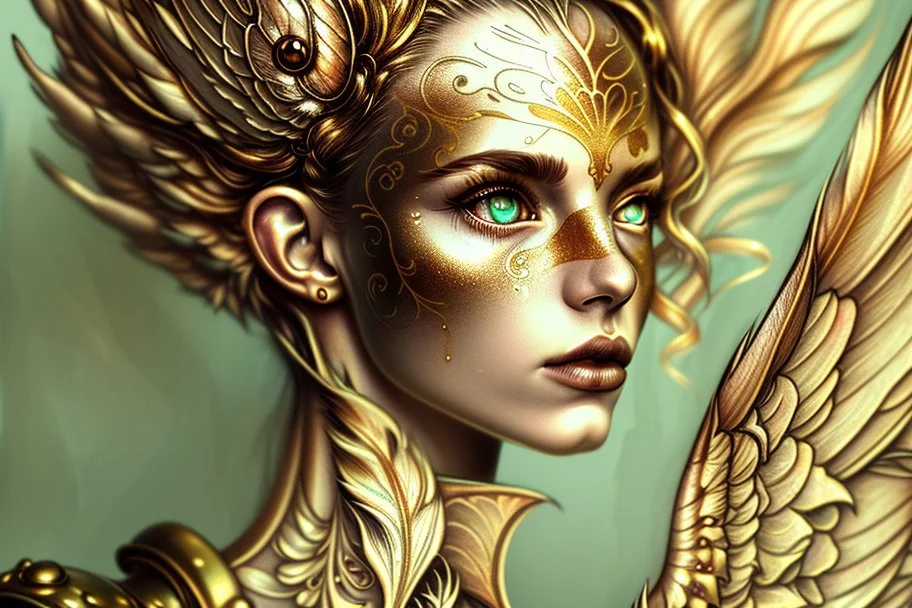 white background, golden Angel, tattoo, feathers, steampunk, fantasy, old canvas, torn cracks, flowers, cyberpunk, gold, silver, green lilac color, mystical, glow, golden makeup, fine drawing, high detail, high resolution, 8K, 3D, Daniel Castan Carne Griffiths Andreas Lee Russ Mills