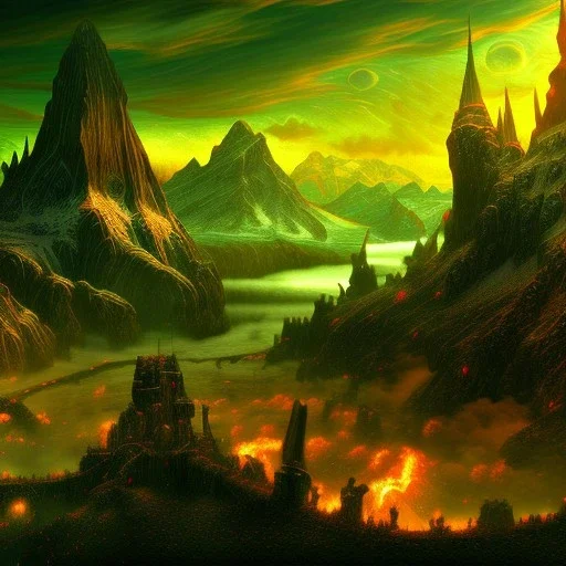 Epic Drawing of mordor scenery with Orcs of The Hobbit estilo Van Gogh 4k