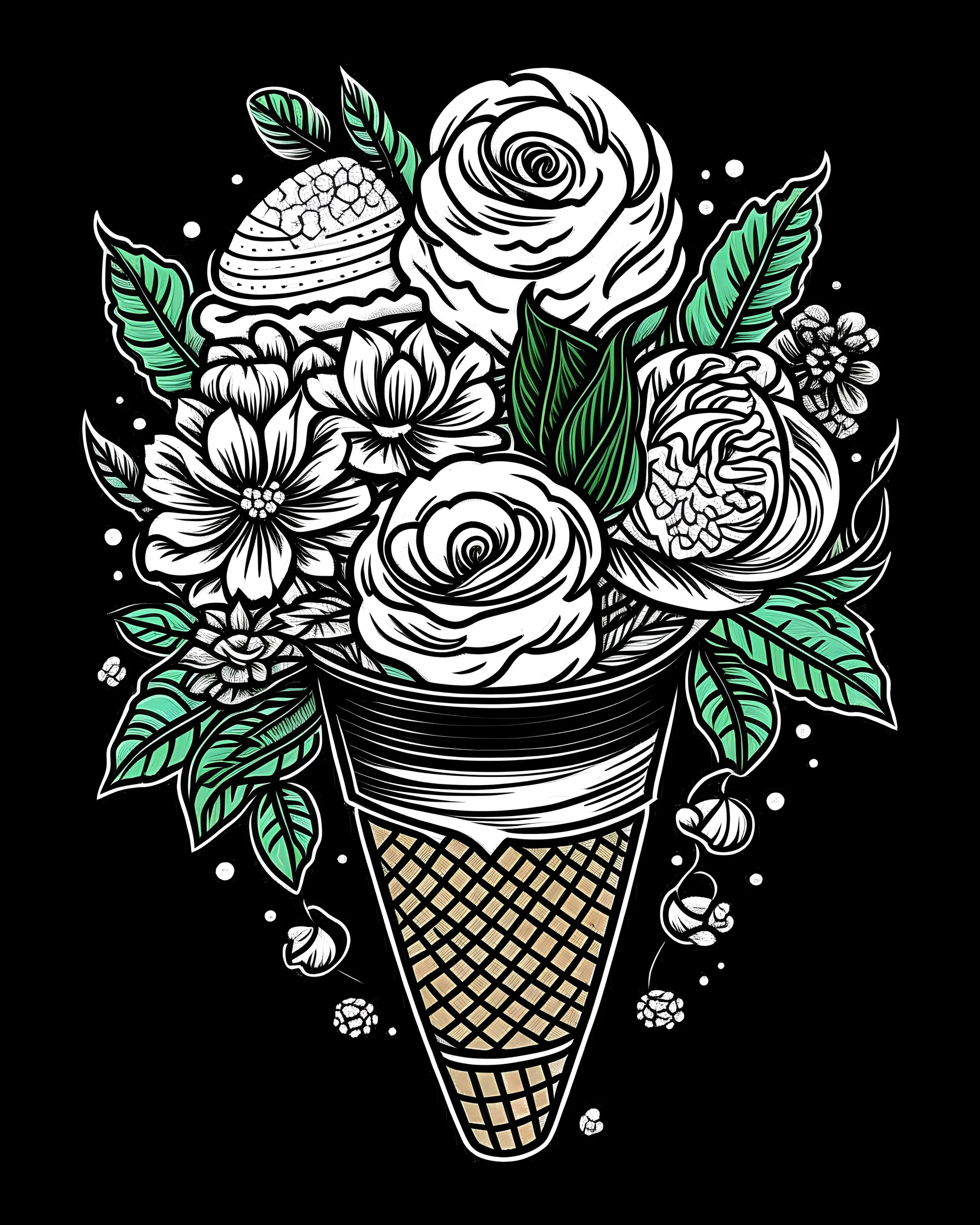 line sketch of ice cream half colored and half in black and white with flowers , dark green background