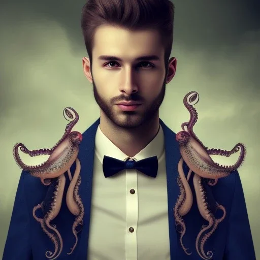 a masculine brunette gay austrian man with octopus plushie on head