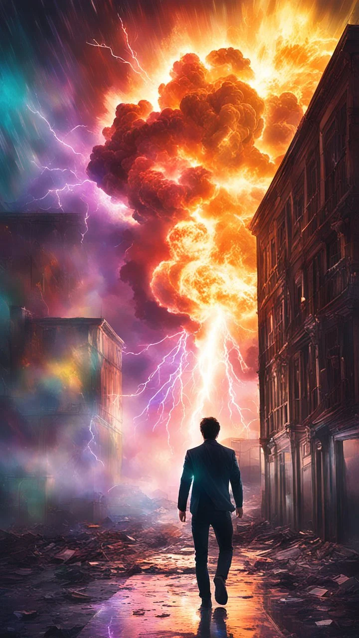 Young man walking towards a building that is exploding at night, with coloured auras and lightning around him