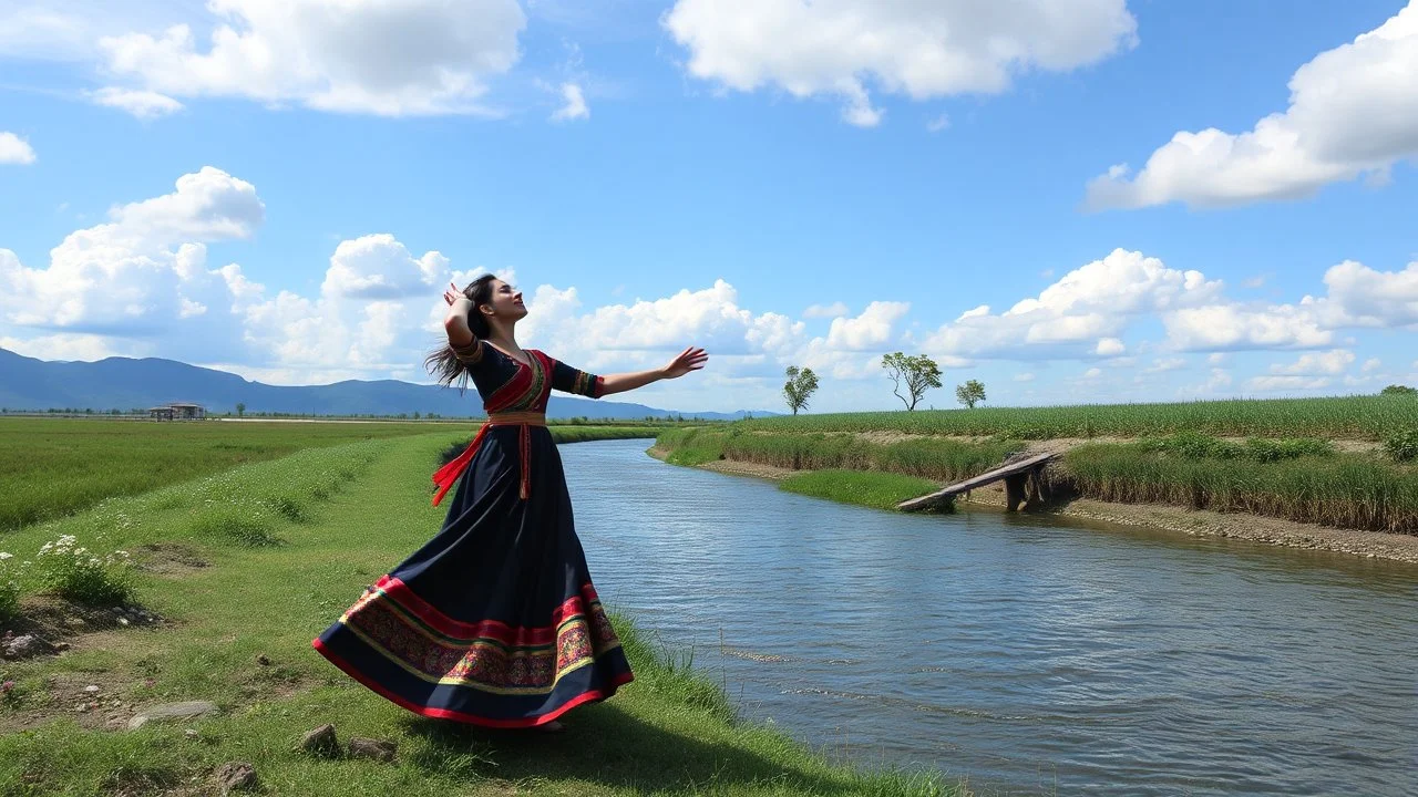 beautiful yaung german lady is dancing and singing in country side next to narrow river ,flowers blosome pretty clouds in blue sky ,few nice trees