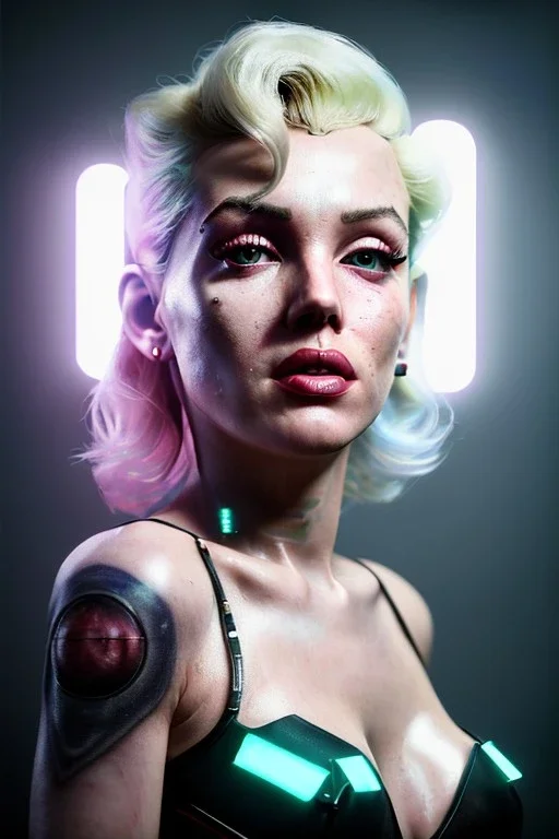 Ultra Realistic image, portrait, blonde woman, sweet Marylin Monroe face, perfect iris, glow eyes, glow makeup. Cyborg, Cyberpunk style, oversized transparent latex coat, yakuza tattoos body. fog, rain, soft color, highly detailed, unreal engine 5, ray tracing, RTX, lumen lighting, ultra detail, volumetric lighting, 3d, finely drawn, high definition, high resolution.