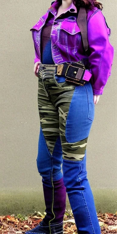 Model, woman. sérigraphie on denim with purple, lilac, green, khaki and crimson, red colors. Camouflage patterns are screen printed on denim. Woman in her 30's. thick thighs, thick calves, flat belly, wide hip. Mantle made of recycled Denim by sewing. Big bright purple and blue felt pieces makes mantle, which is merged with satchel. purple tippet, cream-color inside the hood. AKG headphones is merged with small felt cap with small visor. Haute Couture, 1990's