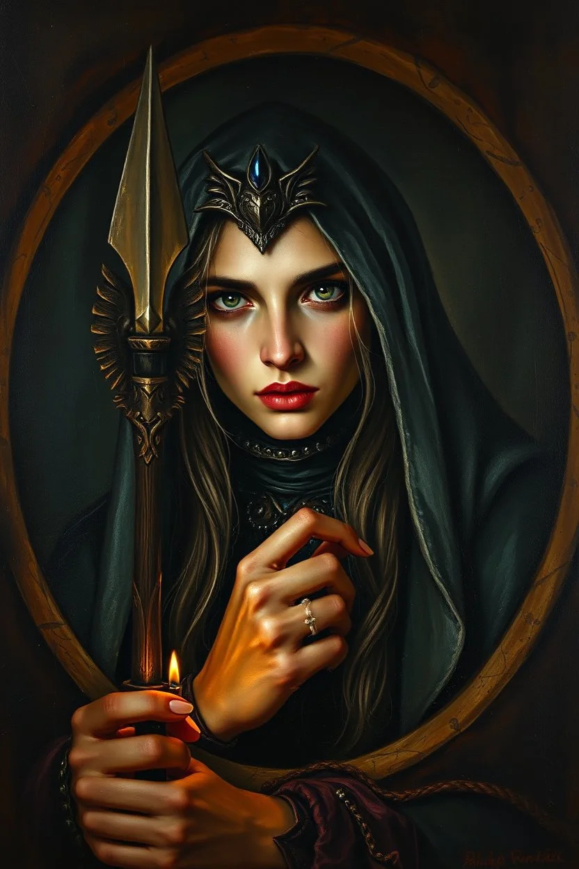 pin hole cam, master oil painting by Rembrandt,drow elf dark elf priestess of the underdark