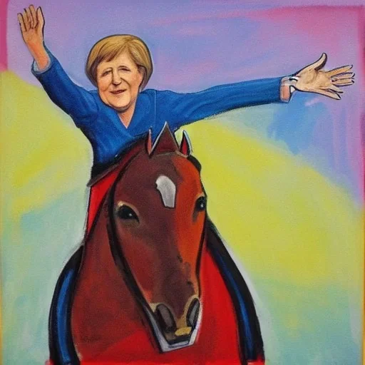 expressionist painting of angela merkel on a horse