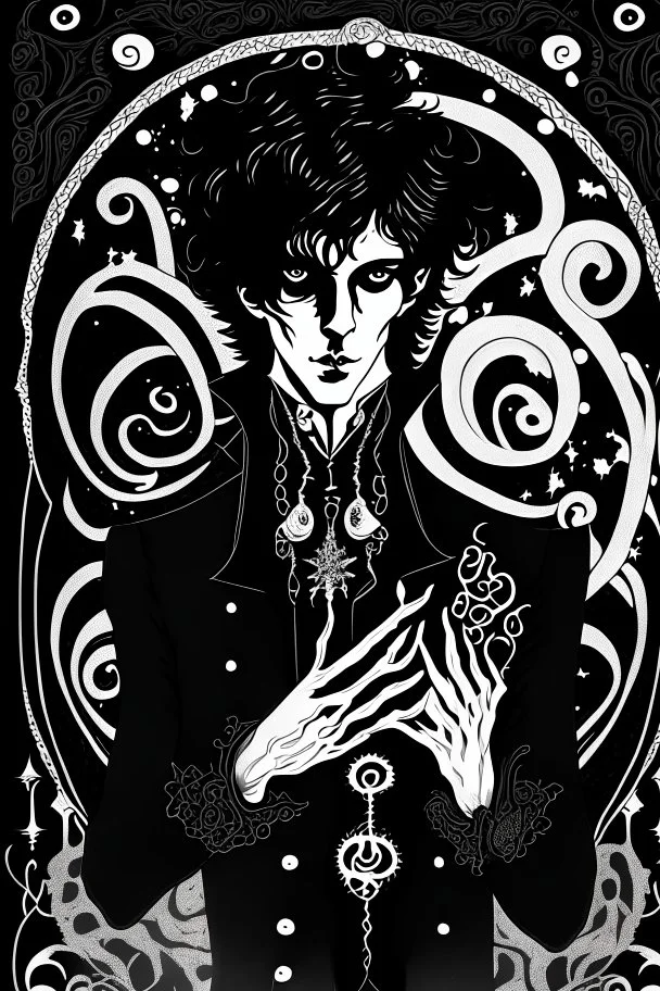 black haired young man necromancer wizard with gothic jewelry and tentacle fingers in the style of Aubrey Beardsley