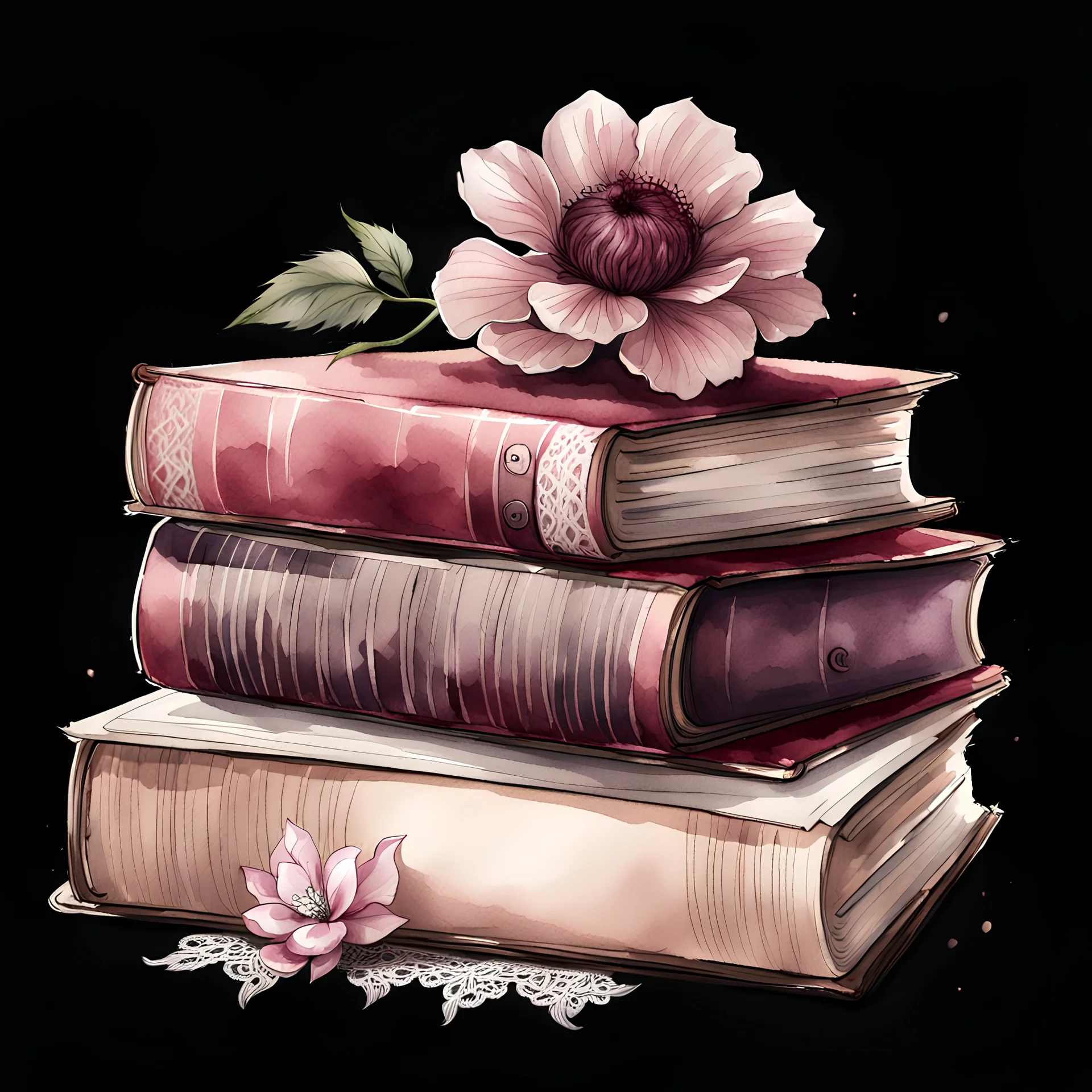 watercolor drawing of a stack of burgundy books with a flower and lace, Trending on Artstation, {creative commons}, fanart, AIart, {Woolitize}, by Charlie Bowater, Illustration, Color Grading, Filmic, Nikon D750, Brenizer Method, Side-View, Perspective, Depth of Field, Field of View, F/2.8, Lens Flare, Tonal Colors, 8K, Full-HD, ProPhoto RGB, Perfectionism, Rim Li
