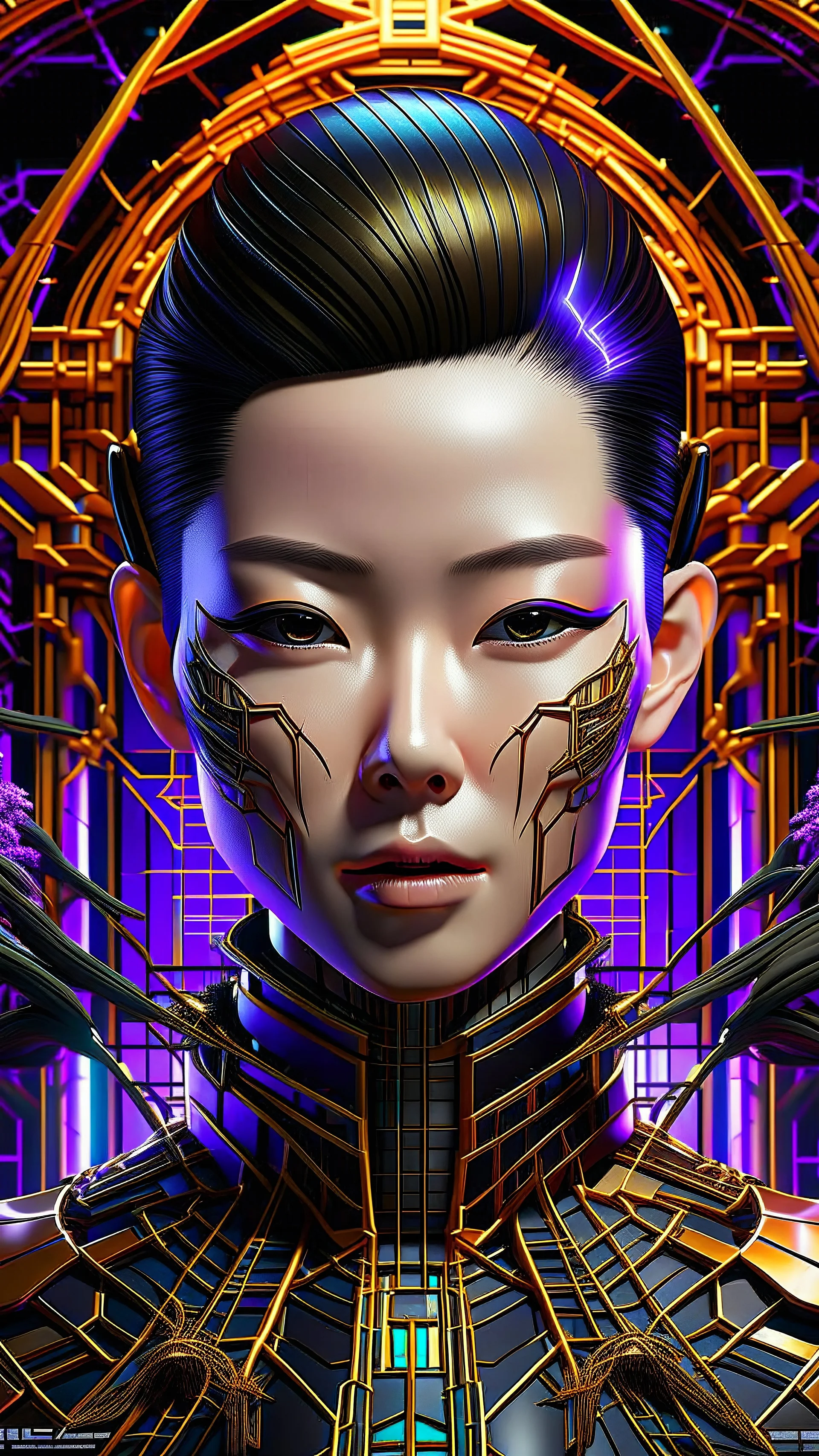 A cinematic medium shot of a pale-skinned Korean woman with a striking, futuristic portrait. She has traditional Japanese elements, with an intricate hairstyle that features purple hair tied back with black lines and rods, creating a complex structure around her head. She has minimalistic yet striking makeup with geometric lines on her face, emphasizing her cyborg or android nature. Her metallic orange lips add a vibrant touch. The monochromatic color palette of cream and black exudes a cold, di