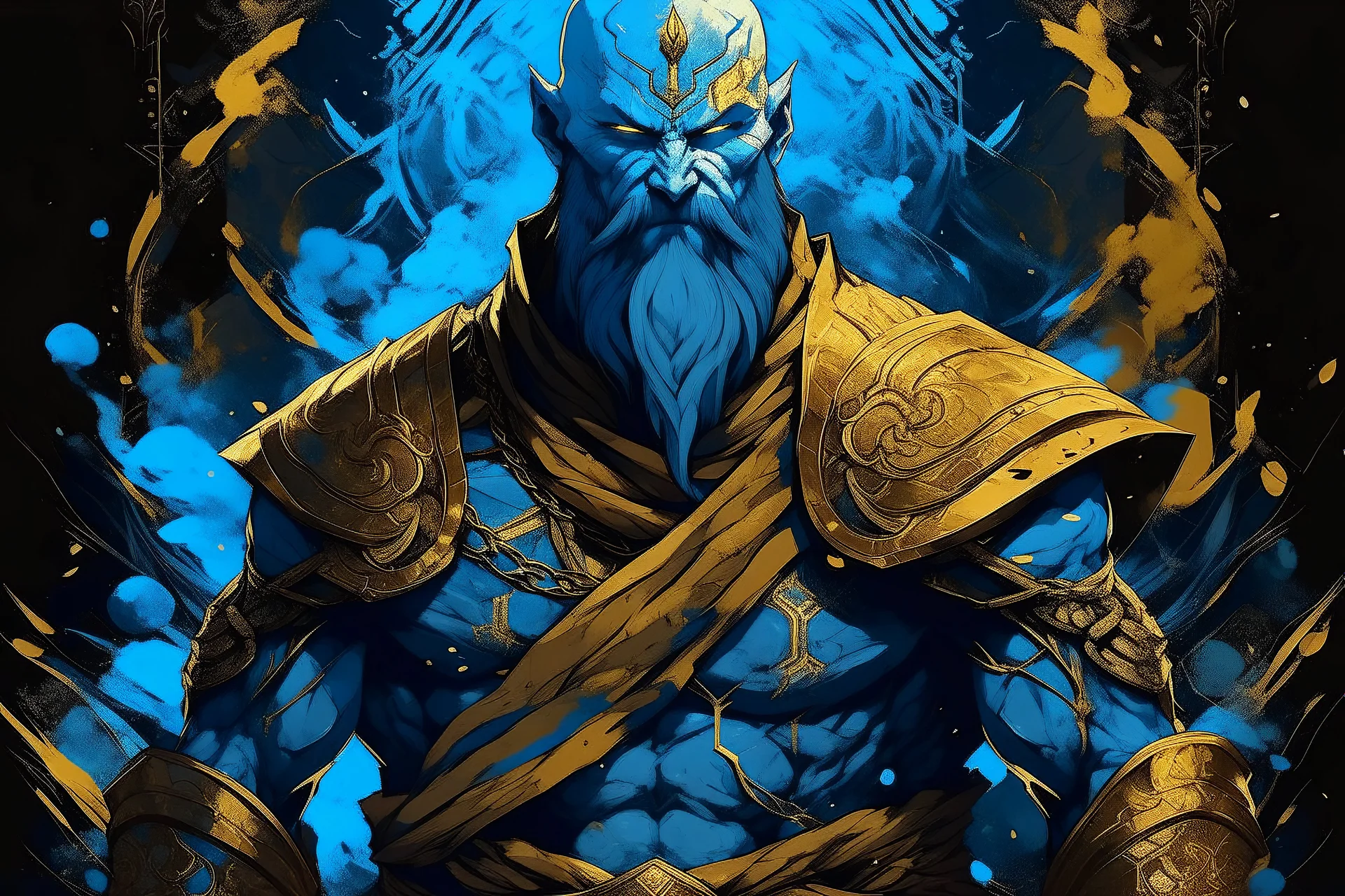 create a deity, a God of war, color palette Gold and blue, dark fantasy, anime-style, impolsing, with the void behind him