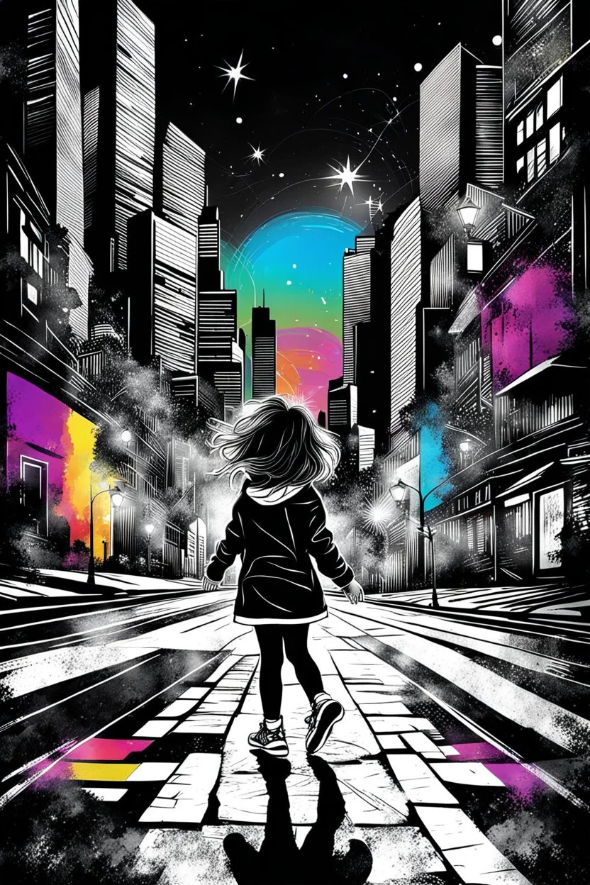 Mixed media picture, the background is black and white line art cityscape. In the middle a colorful photo of a little girl playing in the street, the girl is wearing colorful clothes, her hair is black. enhancing the contrast between her and the black and white cityscape, illustration, cinematic, sharp lights