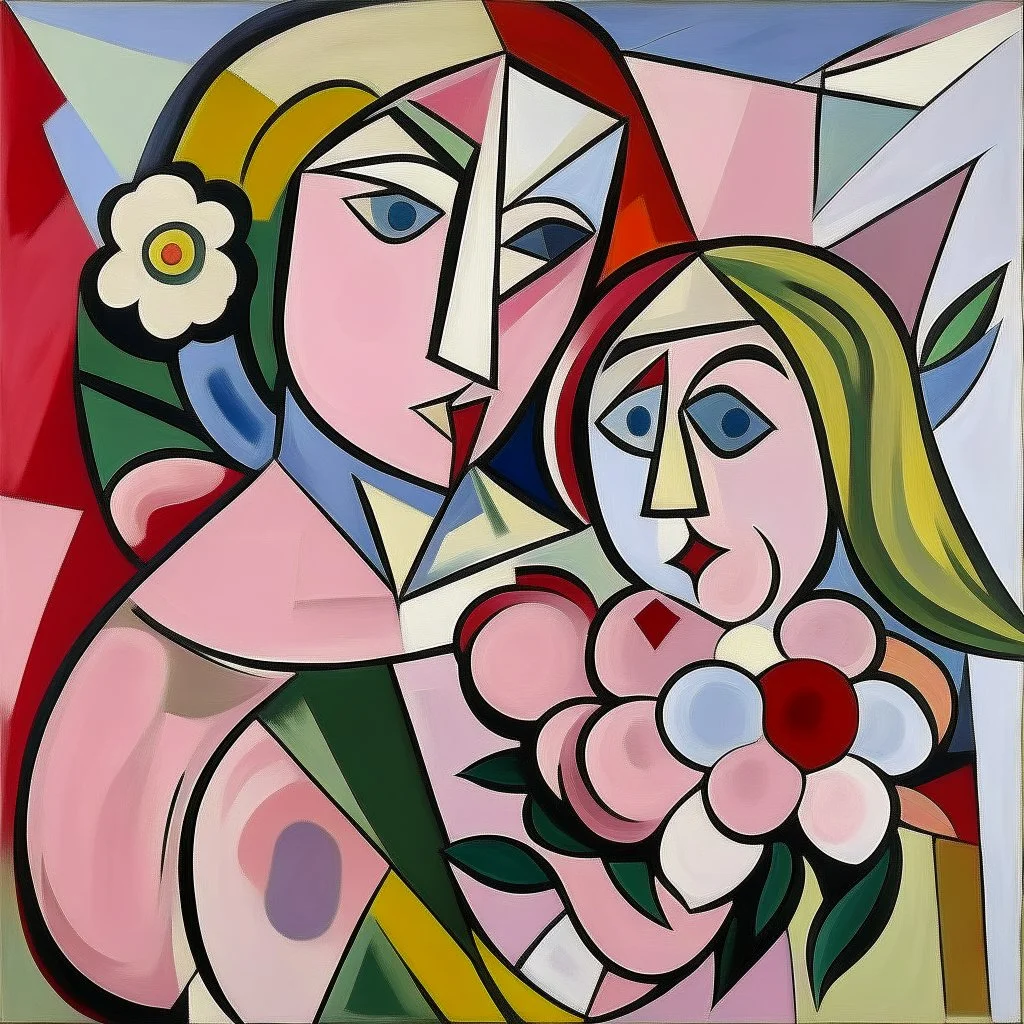 piccasso cubism pink woman and child with flower