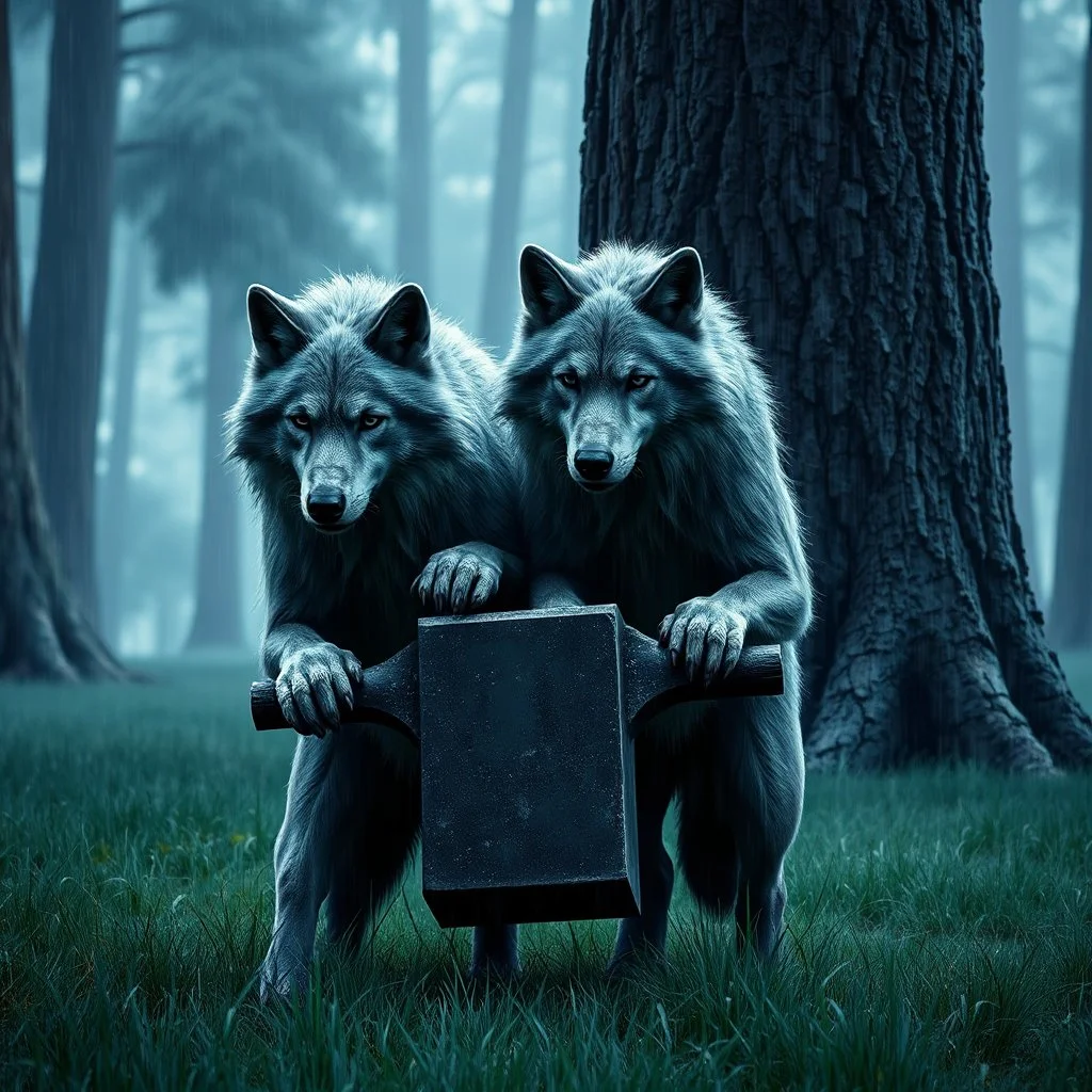 digital art two gray body hair anthropomorphic wolves together they carry a heavy anvil in their paws in a blue-green meadow, in the background trees with huge trunks rainy day, high contrast, high detail, atmospheric, dark fantasy, sci-fi atmosphere, cinematic