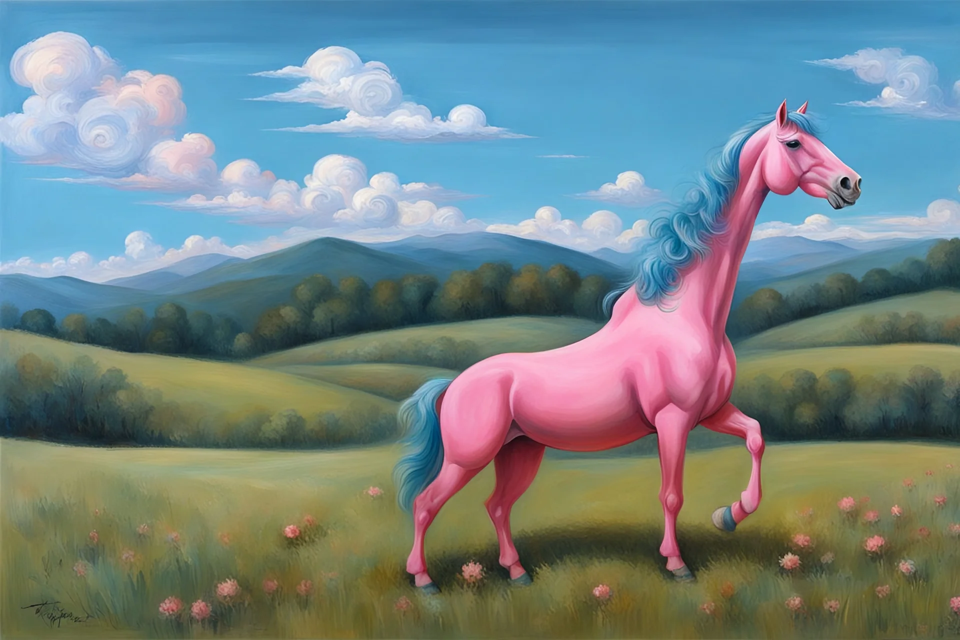 a big plastic pink horse like a 19th painting