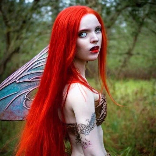 fairy with red hair and armor fights an eating disorder