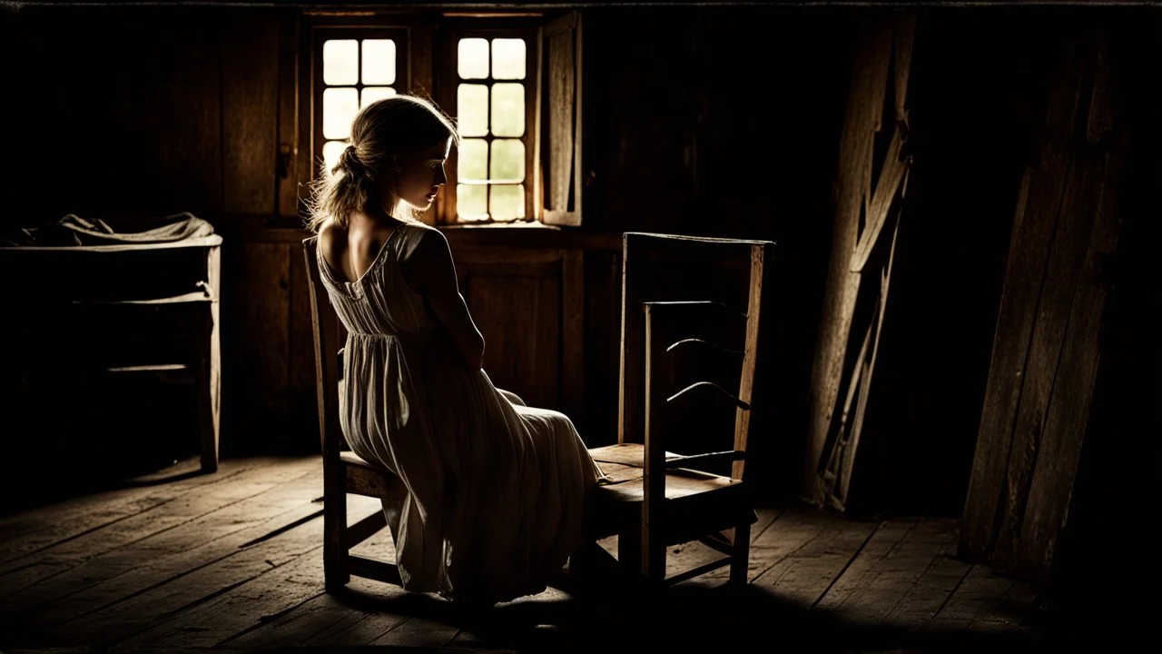 back to camera a young dark blonde pregnant girl leans on the back of an old wooden chair in linen dress, half standing, painful, sad, dark mood, small, old poor country room in a hut, very little light, one lsmall old dirty windows, dark shadows, detalied, sharp focus, high realistic, perfect photo