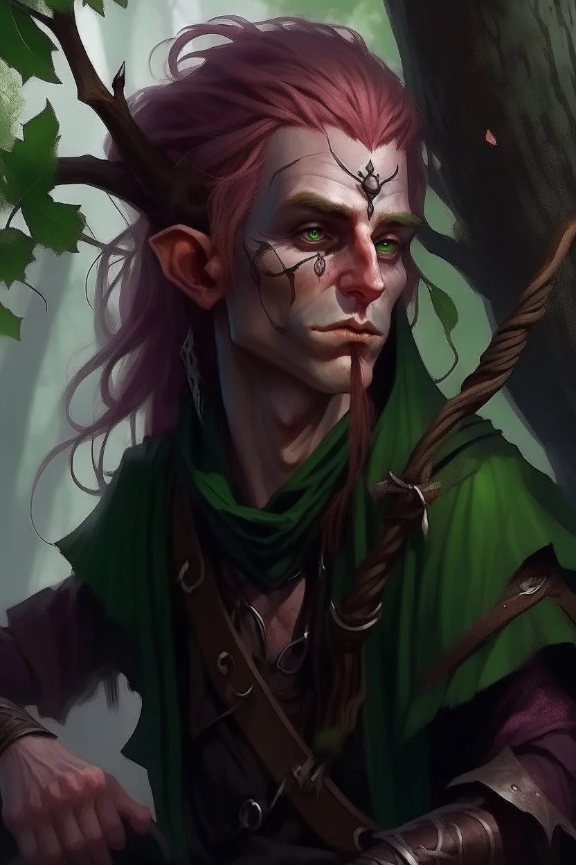 Middle aged wood elf, rogue assassin, dark copper skin, bright green eyes, messy mauve hair, sneaky, trees, stoner, long bow, black leather straps, disheveled, smoking weed