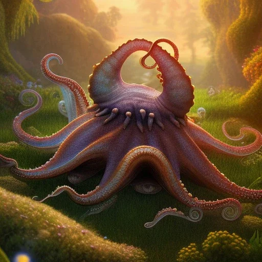 pixar style, volumetric summer garden environment and background, realistic painting of a octopus, looking excited, detailed digital painting, extreme dense and fine fur, anime, ornate, colour-washed colors, elegant, small minutiae, tiny features, particulars, centered, smooth, sharp focus, renderman gofur render, 8k, uhd, detailed eyes, realistic shaded volumetric lighting, sunlight caustics, backlight, centered camera view