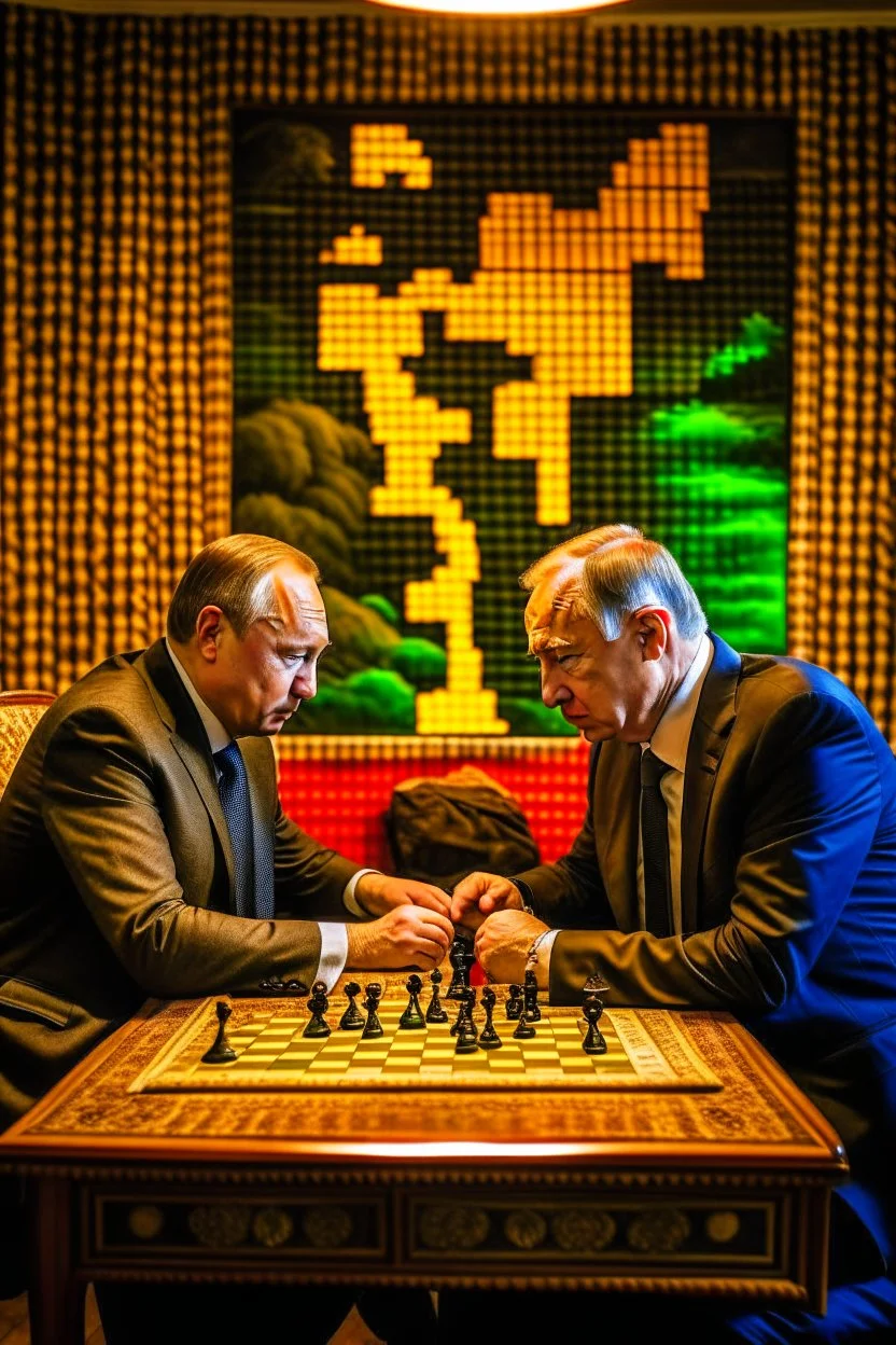 Vladimir Poutine playing chess with Zelinynski. A map of ukraine is burning on a wall