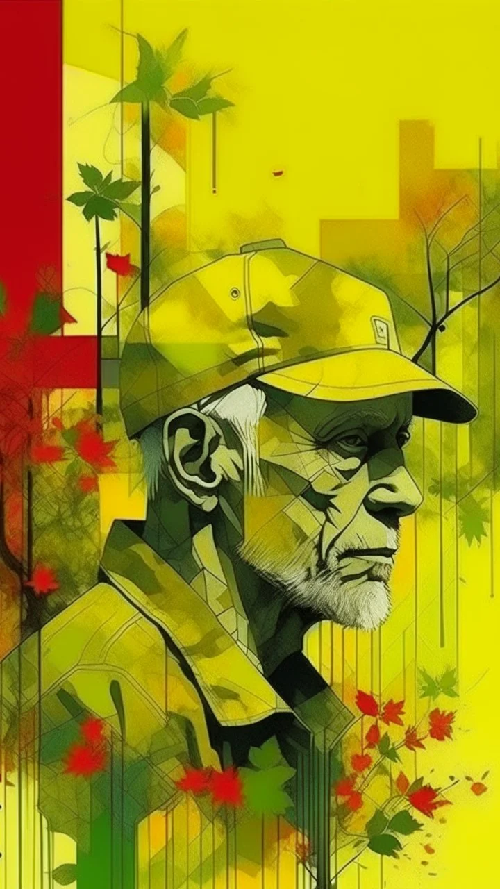 background old, cracks, yellow, torn canvas, gouache, double exposure, man, baseball cap, 40 years old, fine drawing, blots, newspaper scraps, leaves, green, autumn, city, branches, red rowan berries, 8K, double exposure