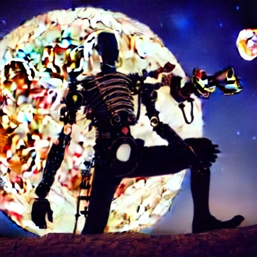 cyborg one man band, instruments, full moon background center large, steampunk style, horizontal image, 3d, hd