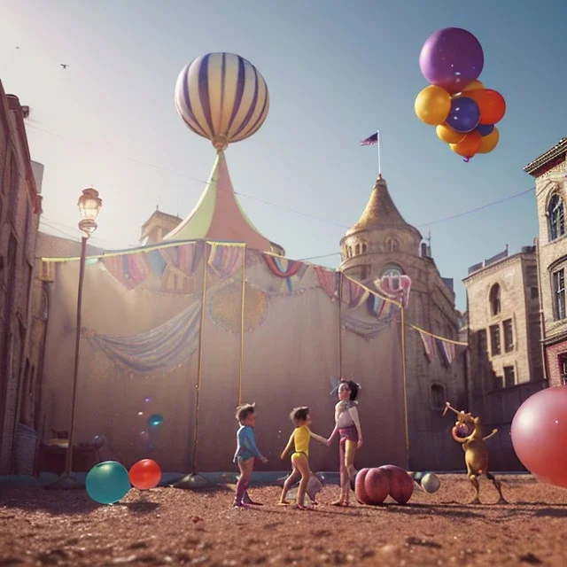 Ultra realistic circus scene. Child’s playing, smile, happy, color bubbles, smooth color, waist up view, Wes Anderson style, a lot of people background, highly detailed, concept art, unreal engine 5, god rays, ray tracing, RTX, lumen lighting, ultra detail, volumetric lighting, 3d, finely drawn, high definition, high resolution.