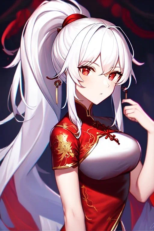 girl, masterpiece, best quality, cinematic lighting, detailed outfit, vibrant colors, perfect eyes, white hair, long hair, vibrant red eyes, messy hair, ponytail, chinese clothes,