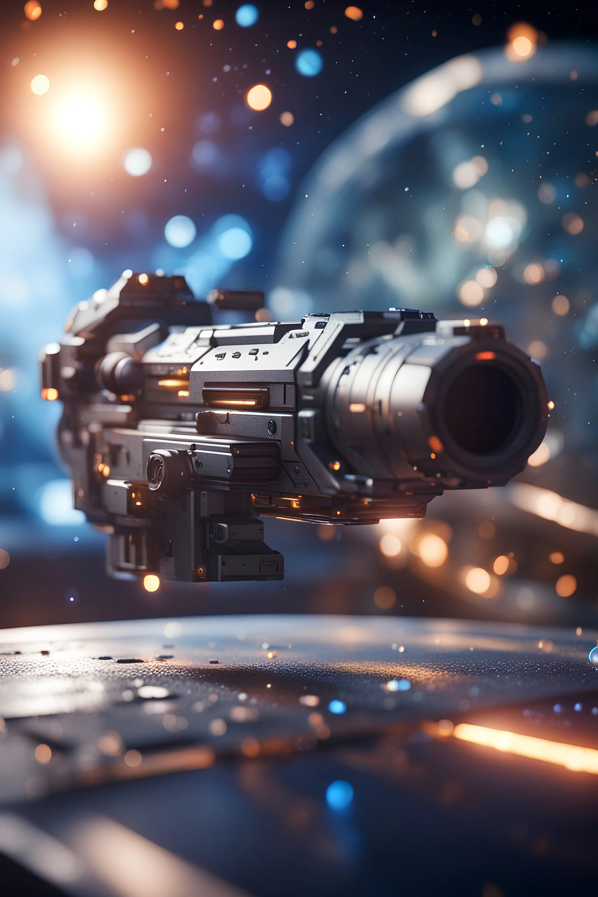 earth gun , in front of space portal dimensional glittering device, bokeh like f/0.8, tilt-shift lens 8k, high detail, smooth render, down-light, unreal engine, prize winning