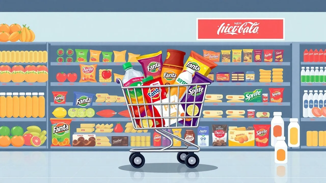 A design for a supermarket called (full market) filled with various fruit juices, chips, Fanta, Coca-Cola, and Sprite soft drinks, various chocolates, packaged cheeses, butter, and pasteurized milk, and a shopping cart filled with supermarket products in the center in happy, vibrant, and eye-catching colors.