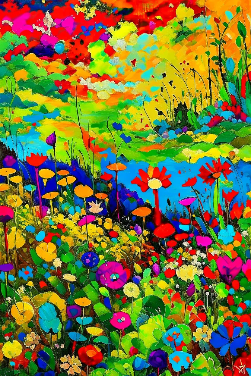 A field of colorful flower, the return to innocence, abstract, weird, childlike, chaos80