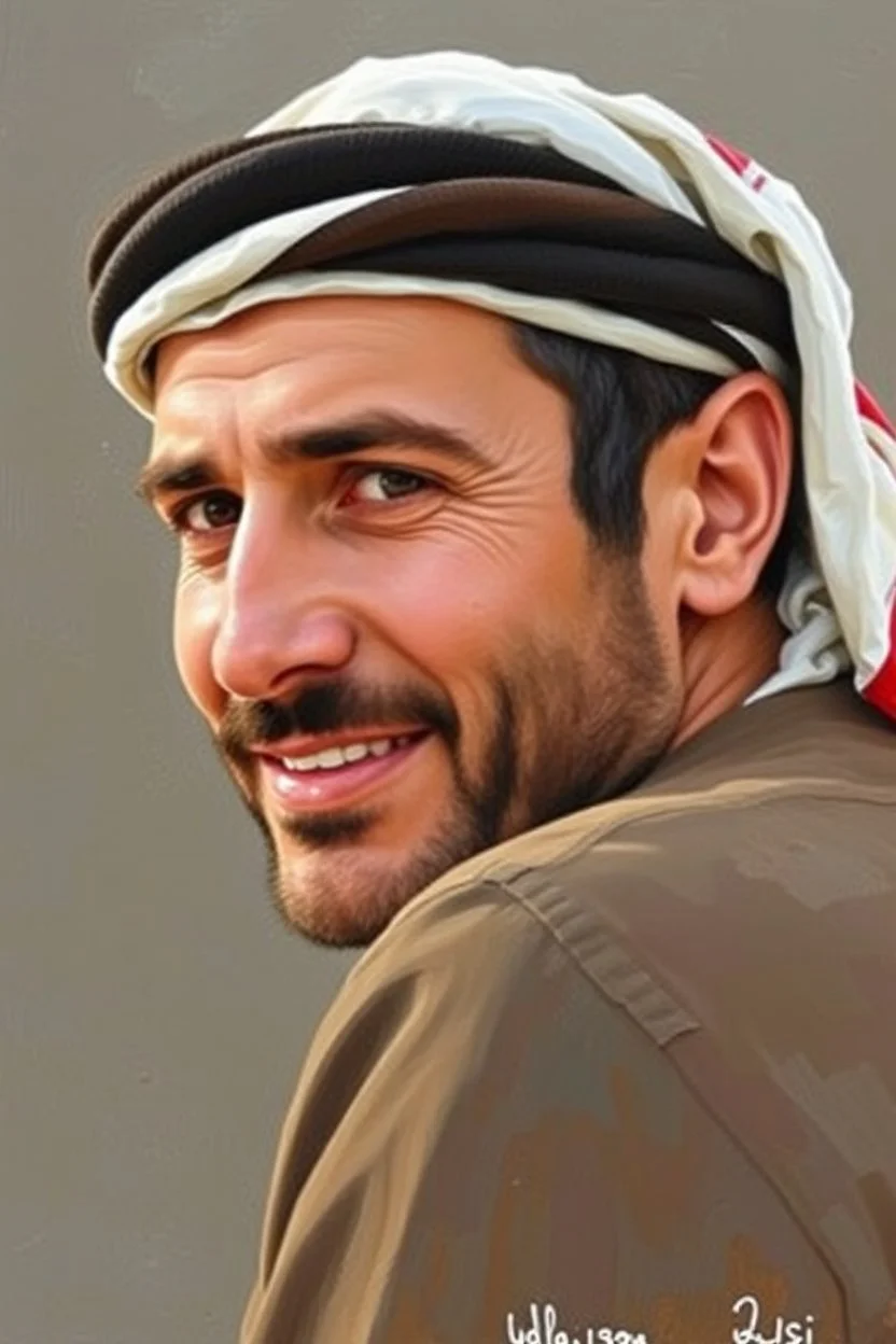 A Palestinian man, thirty years old, wearing a keffiyeh, has a beautiful face, turns his face to the right, has a slight smile, his mouth is closed and his teeth are not visible, his eyes are looking to the left, he appears to be drawn with oil paints