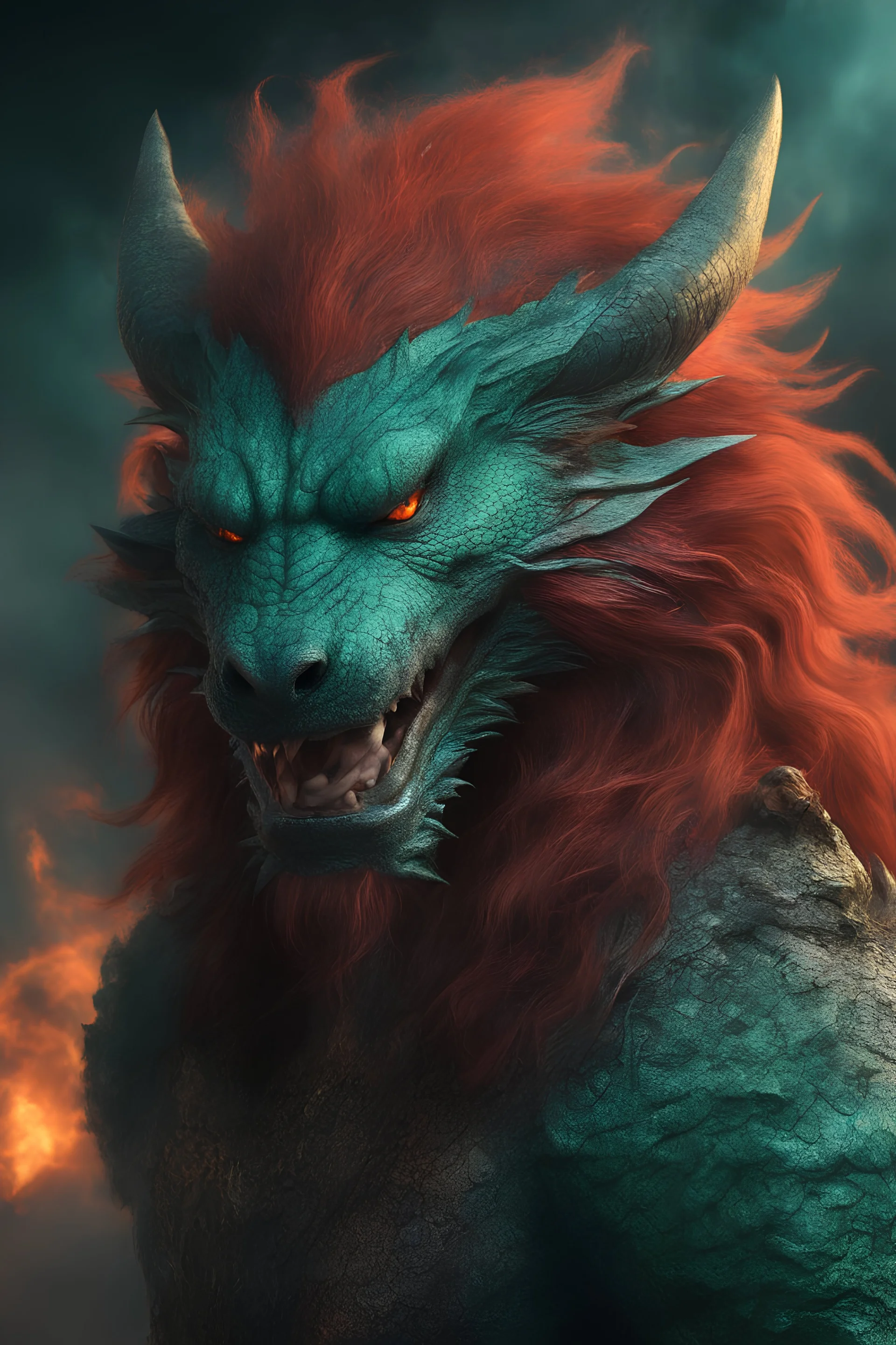 3D, the anthropomorphic black Chinese Indian werewolf Dragon with Long wavy, curly (((red hair))) and bright, (((sea-green eyes))), breathing fire - full color - 32k, UHD, 1080p, 8 x 10, glossy professional quality digital photograph - dark foggy gradated background, historic, powerful, octane rendering, exquisite detail, 30 - megapixel, 4k, 85 - mm - lens, sharp - focus, intricately - detailed, long exposure time, f8, ISO 100 - back - lighting, ((skin details, high detailed skin texture))