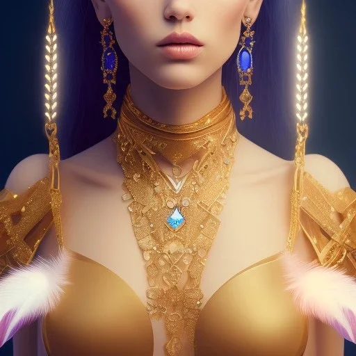 a princess with a lot of jewellery, beautiful long black hair, gold lipstick, blue eyes, with feather, dramatic, dramatic lighting, pixar style, volumetric lighting, hyperrealism, 8k, high quality, photorealistic, lot of details